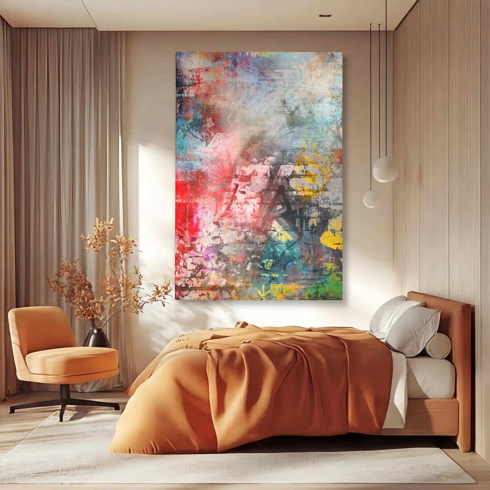 Tablou canvas cu tablou canvas cu arta abstracta si graffiti, fara rama, pe sasiu de lemn, pe perete intr-un dormitor